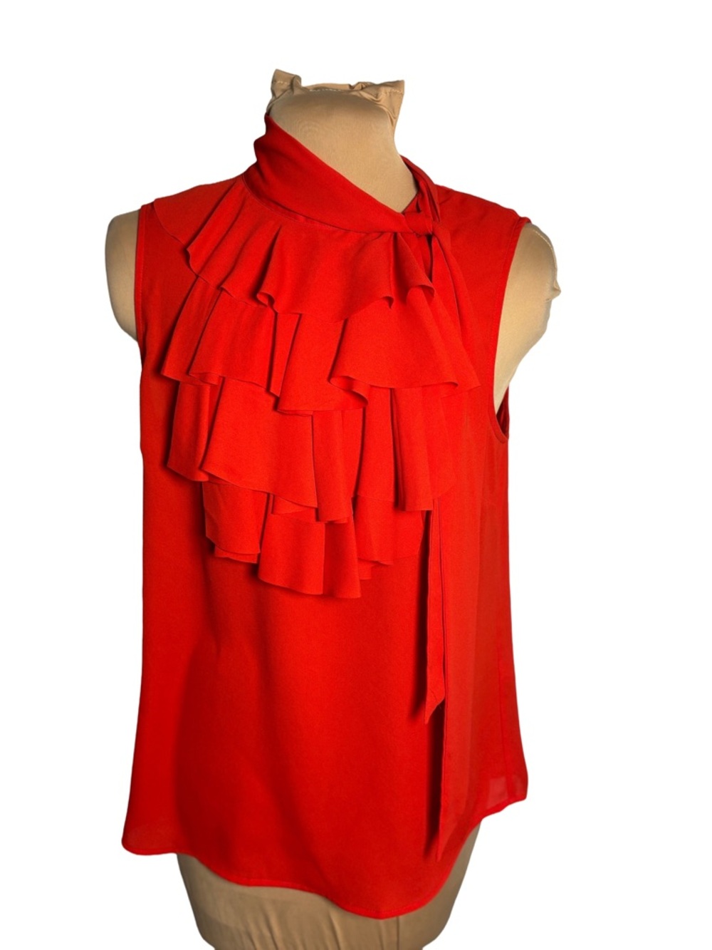 Banana Republic Red Ruffle Front Sleeveless Blouse Tie Neck Career Top Size S